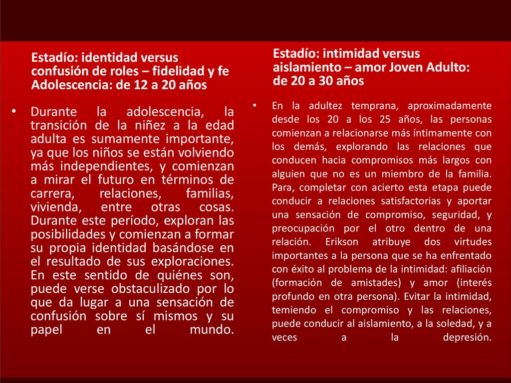 Estadío: intimidad versus aislamiento – amor Joven Adulto: de 20 a 30 años