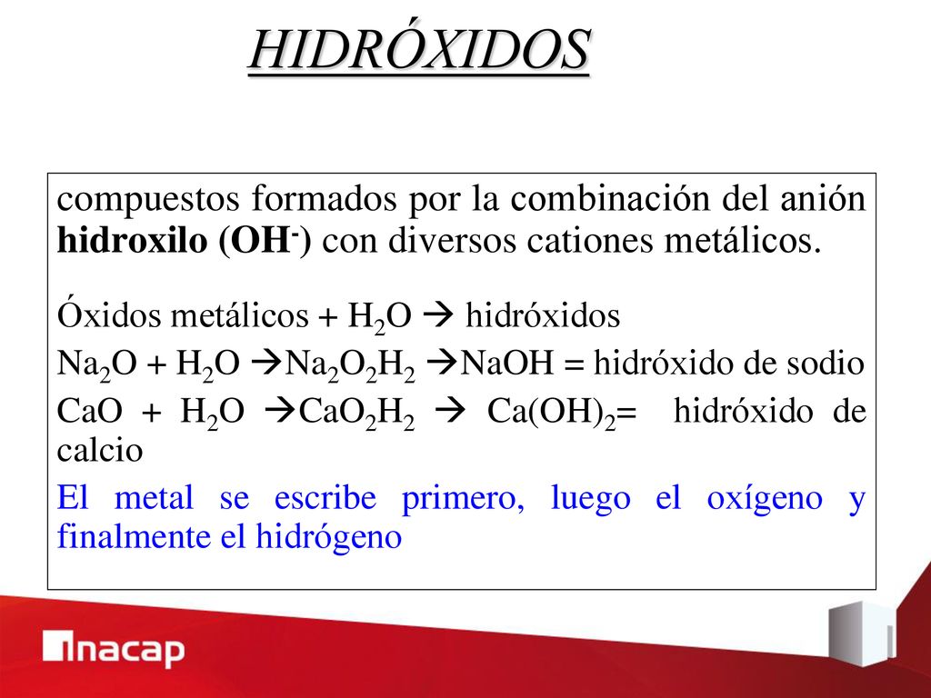 HIDRÓXIDOS compuestos formados por la combinación del anión hidroxilo (OH-) con diversos cationes metálicos.