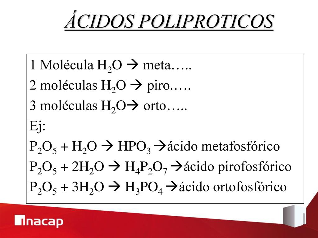 ÁCIDOS POLIPROTICOS 1 Molécula H2O  meta….. 2 moléculas H2O  piro.….