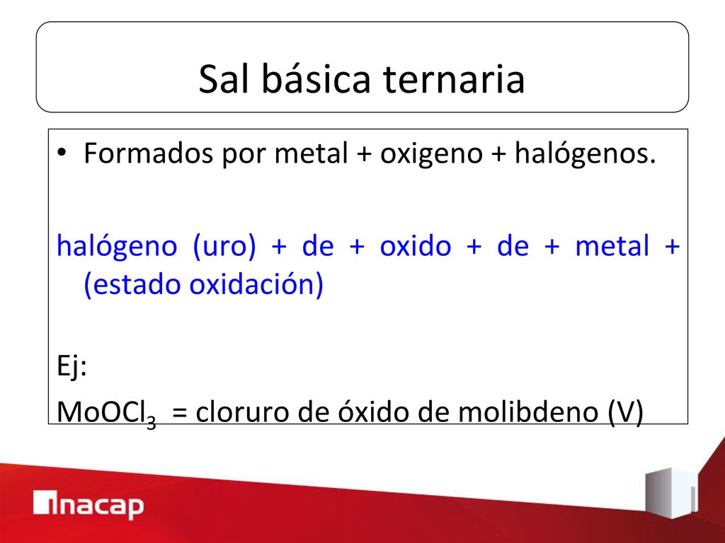 Sal básica ternaria Formados por metal + oxigeno + halógenos.
