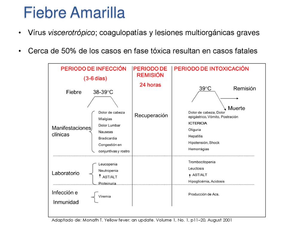 Fiebre Amarilla Vírus viscerotrópico; coagulopatías y lesiones multiorgánicas graves.