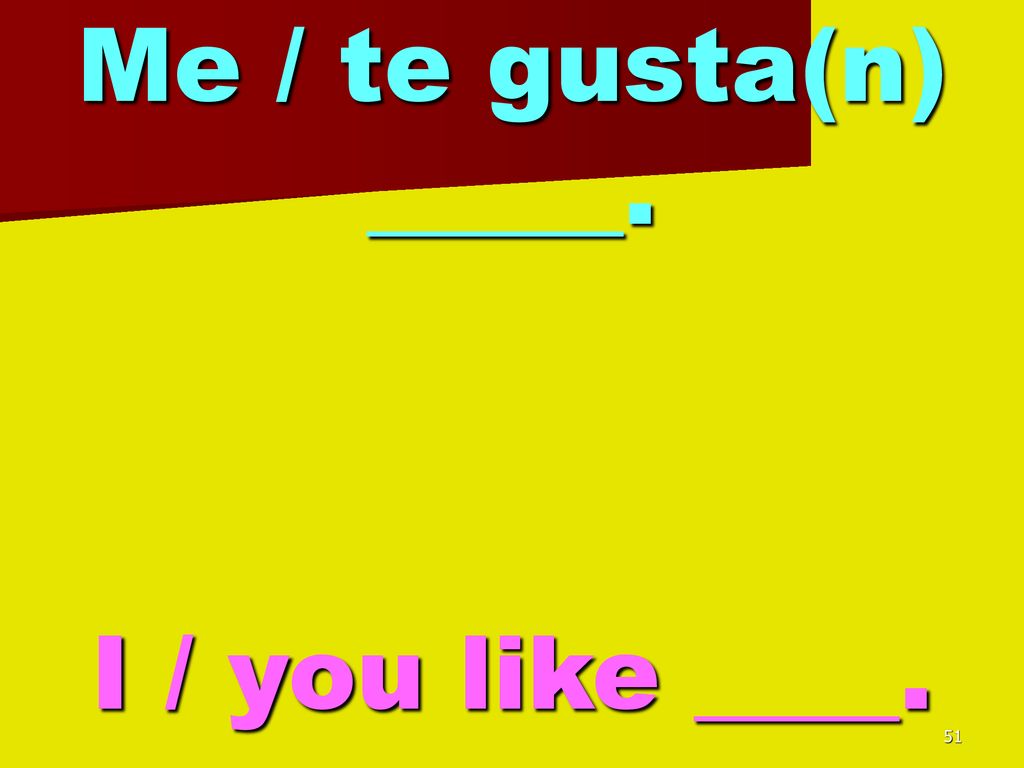 Me / te gusta(n) _____. I / you like ____.