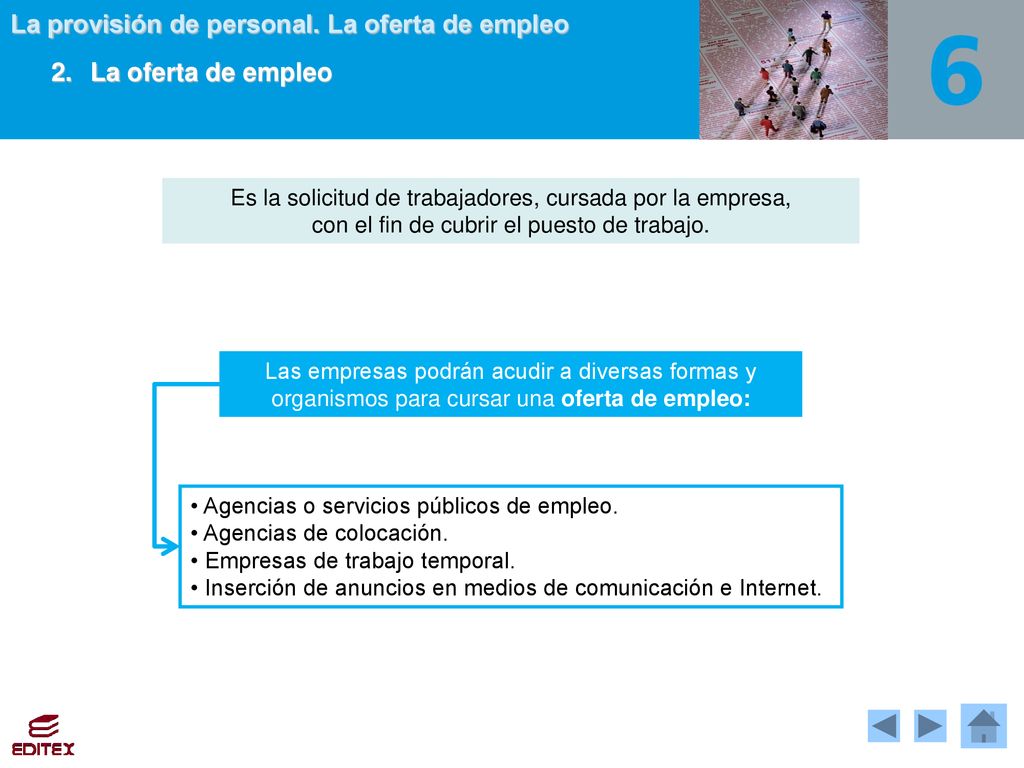 2. La oferta de empleo Es la solicitud de trabajadores, cursada por la empresa, con el fin de cubrir el puesto de trabajo.