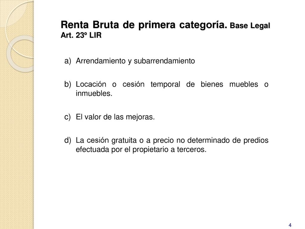 Renta Bruta de primera categoría. Base Legal Art. 23º LIR