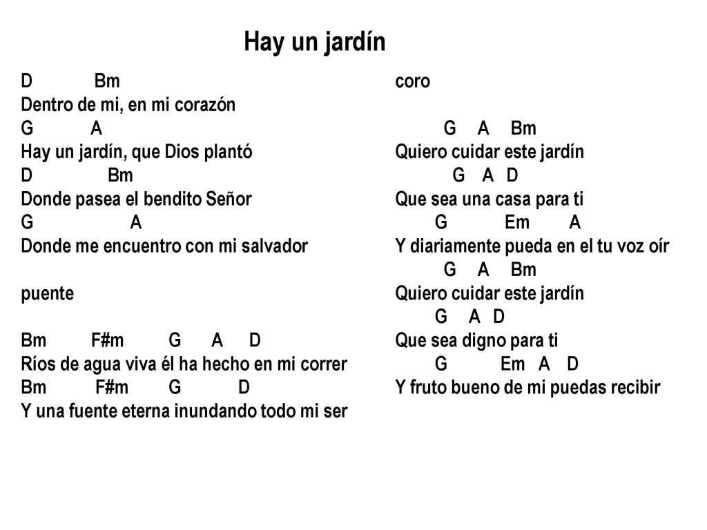 Hay un jardín D Bm Dentro de mi, en mi corazón G A