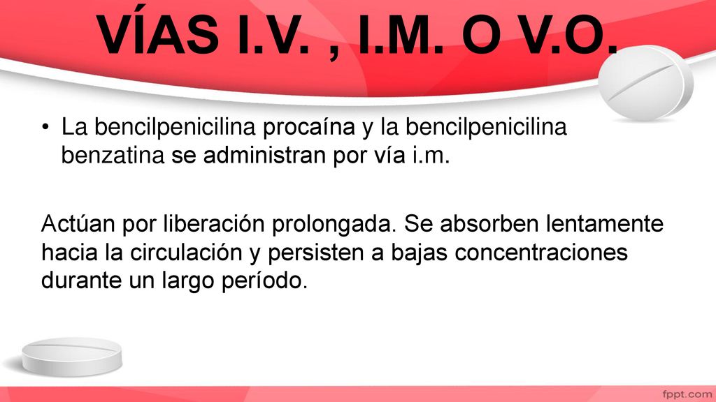 VÍAS I.V. , I.M. O V.O. La bencilpenicilina procaína y la bencilpenicilina benzatina se administran por vía i.m.
