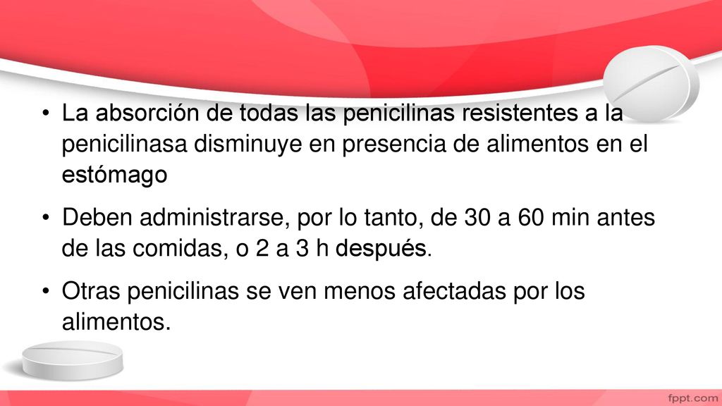 La absorción de todas las penicilinas resistentes a la penicilinasa disminuye en presencia de alimentos en el estómago