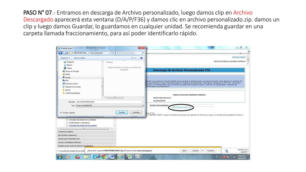 PASO N° 07.- Entramos en descarga de Archivo personalizado, luego damos clip en Archivo Descargado aparecerá esta ventana (D/A/P/F36) y damos clic en archivo personalizado.zip.