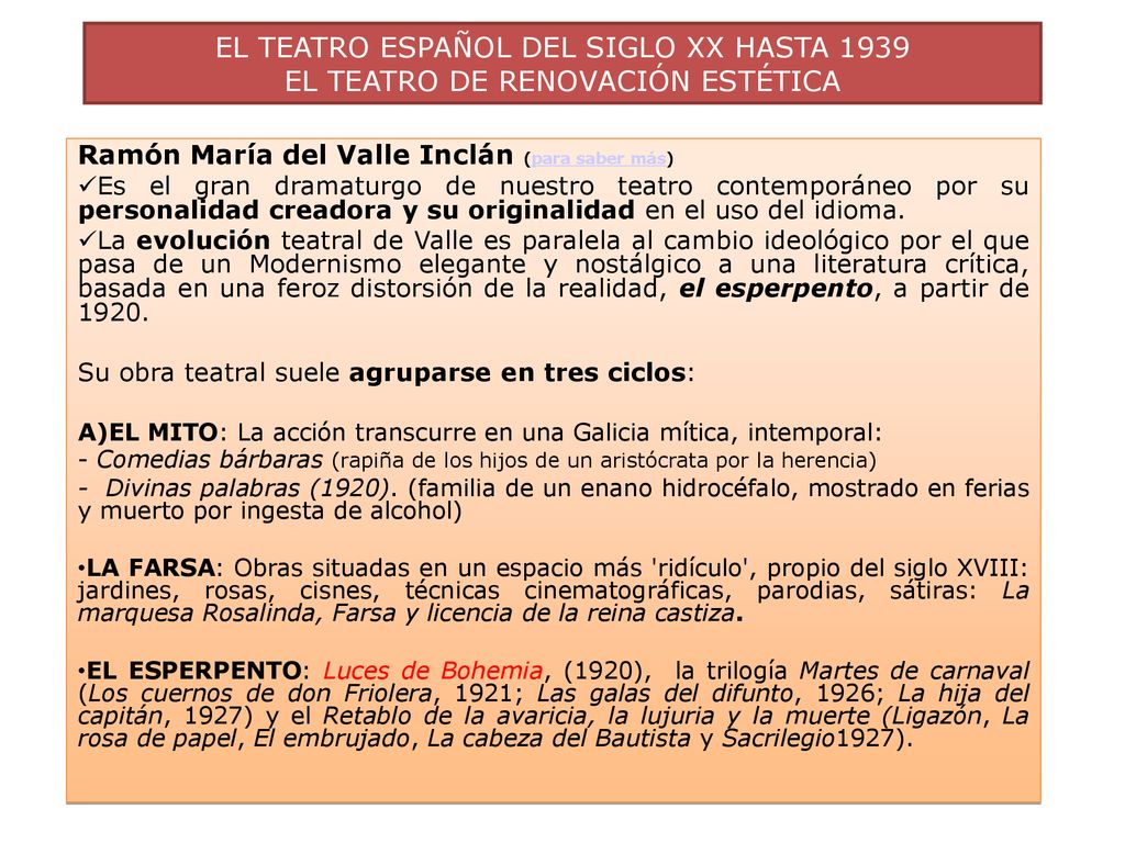 EL TEATRO ESPAÑOL DEL SIGLO XX HASTA 1939 EL TEATRO DE RENOVACIÓN ESTÉTICA