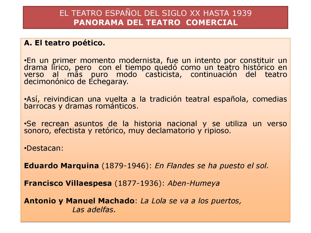 EL TEATRO ESPAÑOL DEL SIGLO XX HASTA 1939 PANORAMA DEL TEATRO COMERCIAL