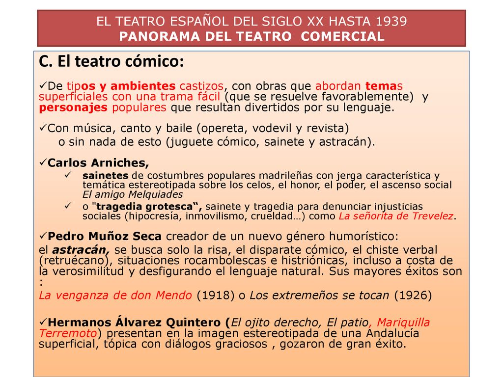 EL TEATRO ESPAÑOL DEL SIGLO XX HASTA 1939 PANORAMA DEL TEATRO COMERCIAL