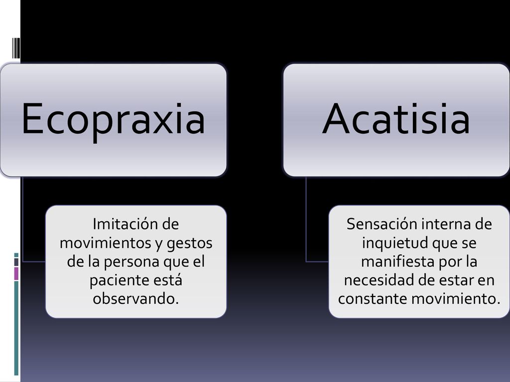 Ecopraxia Imitación de movimientos y gestos de la persona que el paciente está observando. Acatisia.