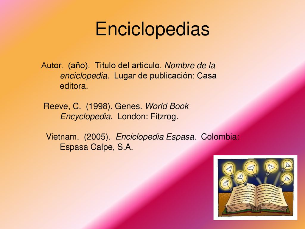 Enciclopedias Autor. (año). Título del artículo. Nombre de la