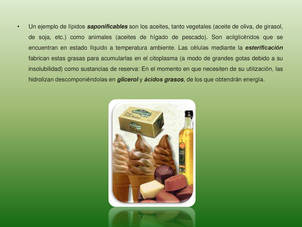 Un ejemplo de lípidos saponificables son los aceites, tanto vegetales (aceite de oliva, de girasol, de soja, etc.) como animales (aceites de hígado de pescado).