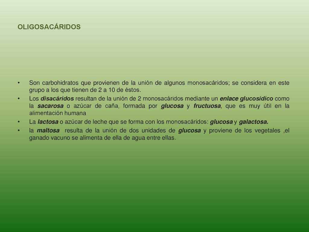 OLIGOSACÁRIDOS Son carbohidratos que provienen de la unión de algunos monosacáridos; se considera en este grupo a los que tienen de 2 a 10 de éstos.
