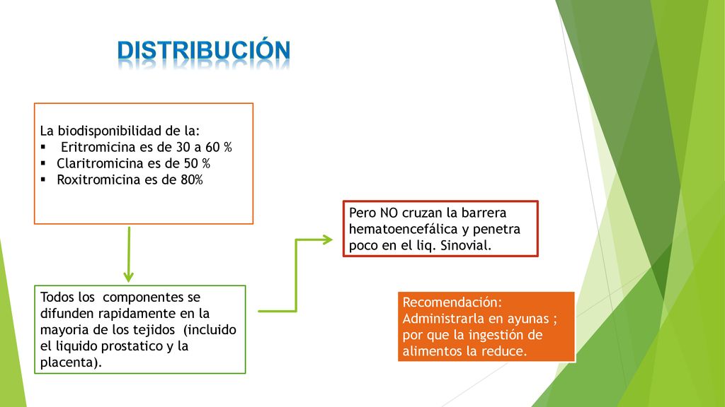 Distribución La biodisponibilidad de la: Eritromicina es de 30 a 60 %