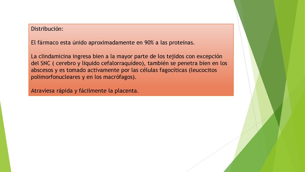 Distribución: El fármaco esta únido aproximadamente en 90% a las proteínas.