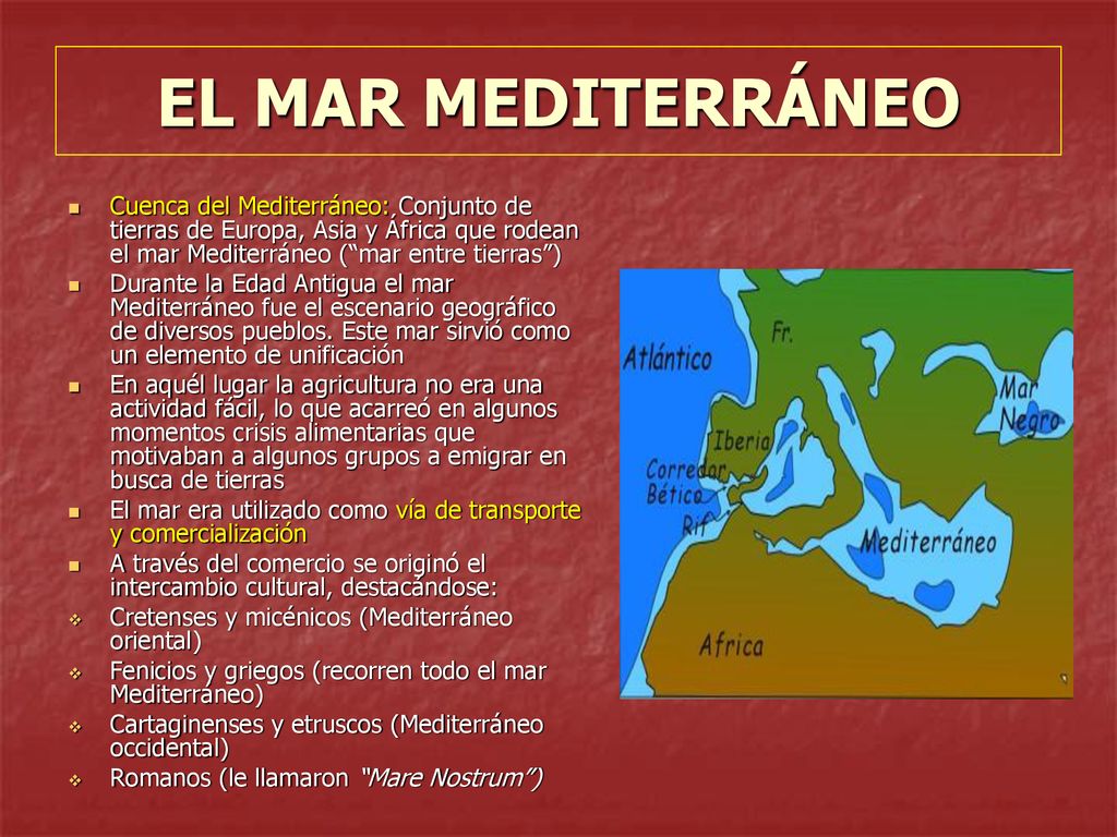 EL MAR MEDITERRÁNEO Cuenca del Mediterráneo: Conjunto de tierras de Europa, Asia y África que rodean el mar Mediterráneo ( mar entre tierras )