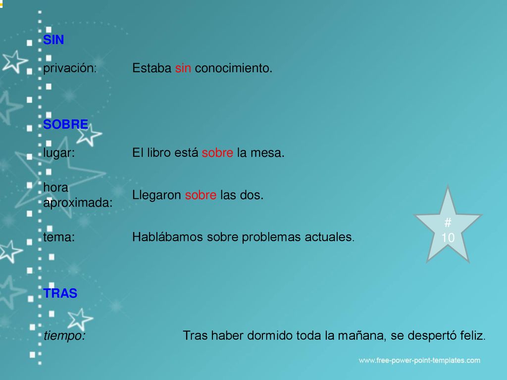 SIN privación: Estaba sin conocimiento. SOBRE. lugar: El libro está sobre la mesa. hora aproximada: