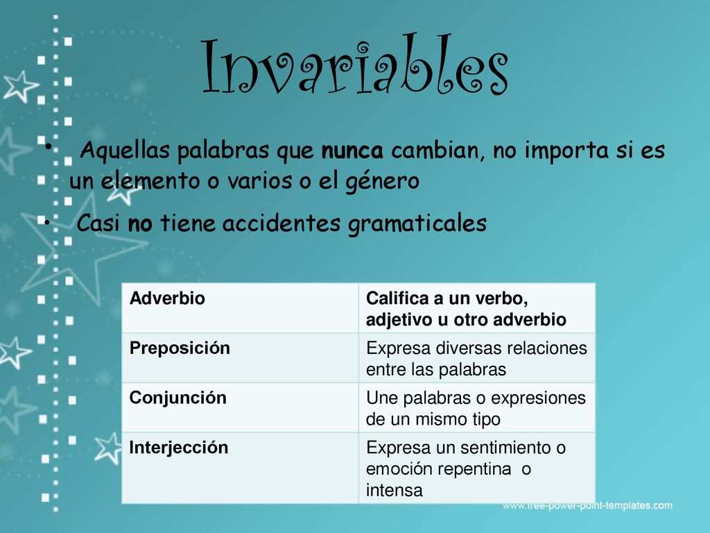 Invariables Aquellas palabras que nunca cambian, no importa si es un elemento o varios o el género.