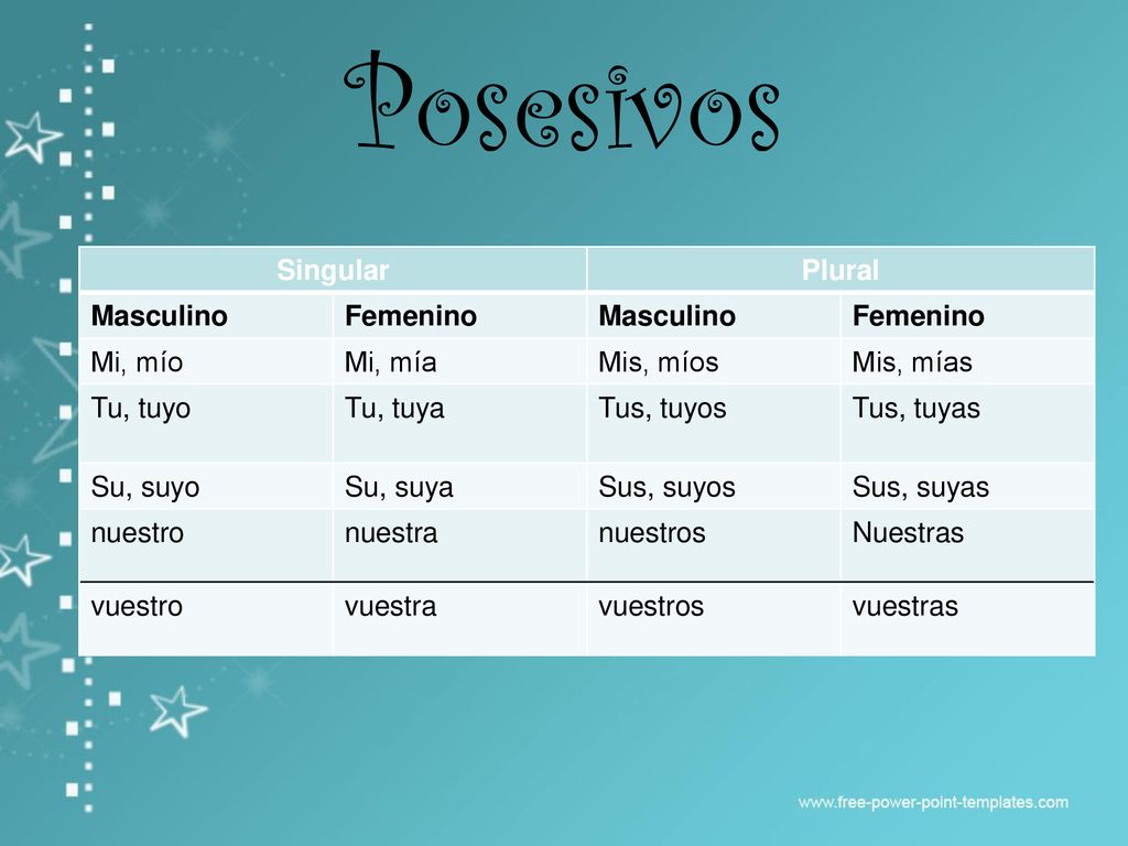 Posesivos Singular Plural Masculino Femenino Mi, mío Mi, mía Mis, míos