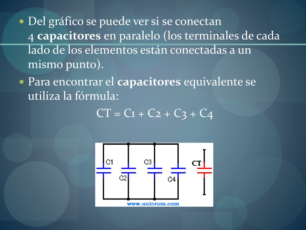 Del gráfico se puede ver si se conectan 4 capacitores en paralelo (los terminales de cada lado de los elementos están conectadas a un mismo punto).