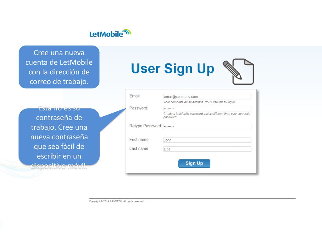 Cree una nueva cuenta de LetMobile con la dirección de correo de trabajo.