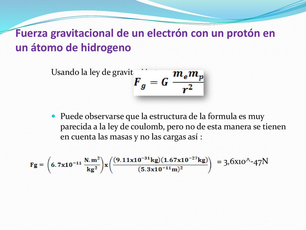 Fuerza gravitacional de un electrón con un protón en un átomo de hidrogeno