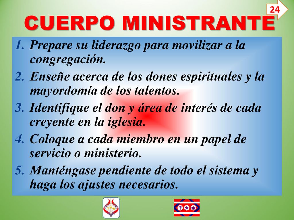24 CUERPO MINISTRANTE. Prepare su liderazgo para movilizar a la congregación.