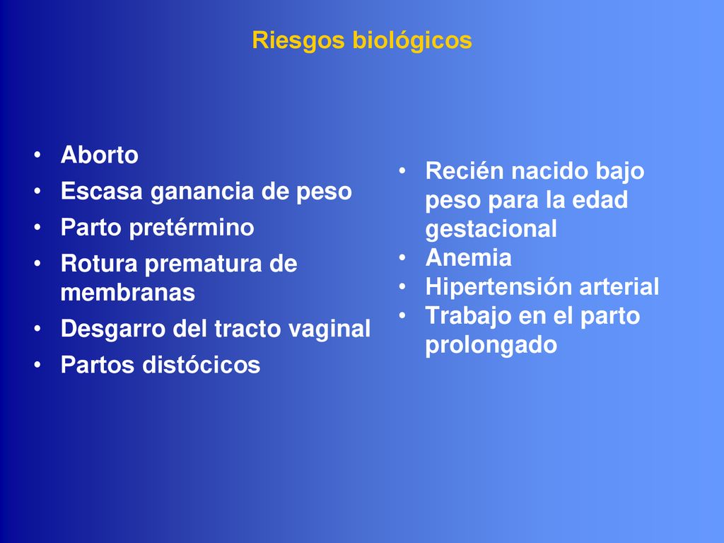 Riesgos biológicos Aborto. Escasa ganancia de peso. Parto pretérmino. Rotura prematura de membranas.