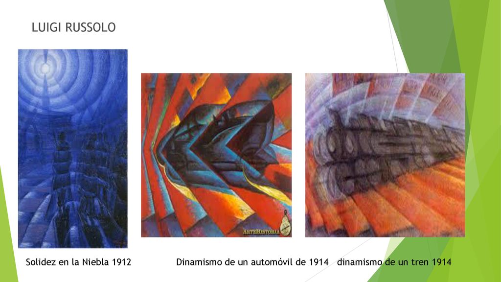 LUIGI RUSSOLO Solidez en la Niebla 1912 Dinamismo de un automóvil de 1914 dinamismo de un tren