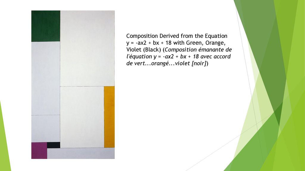 Composition Derived from the Equation y = -ax2 + bx + 18 with Green, Orange, Violet (Black) (Composition émanante de l équation y = -ax2 + bx + 18 avec accord de vert...orangé...violet [noir])