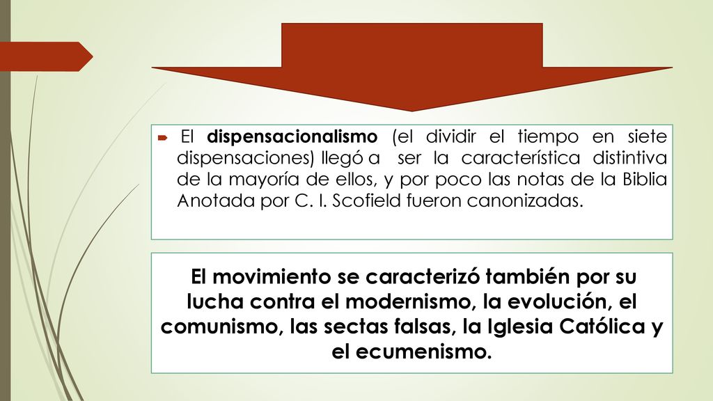 El dispensacionalismo (el dividir el tiempo en siete dispensaciones) llegó a ser la característica distintiva de la mayoría de ellos, y por poco las notas de la Biblia Anotada por C. I. Scofield fueron canonizadas.