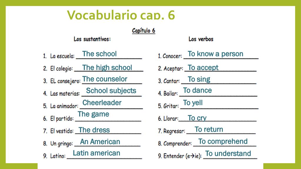 Vocabulario cap. 6 The school To know a person The high school