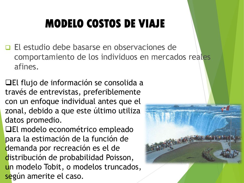 MODELO COSTOS DE VIAJE El estudio debe basarse en observaciones de comportamiento de los individuos en mercados reales afines.