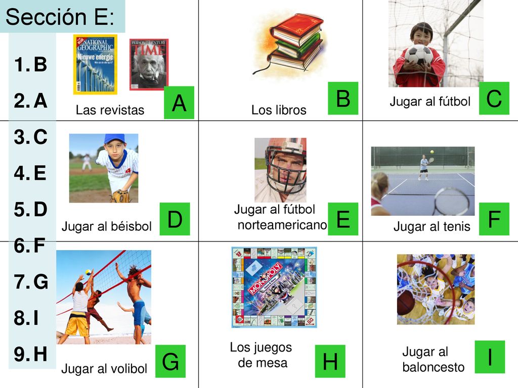 Sección E: B C A D E F I G H B A C E D F G I H Jugar al fútbol