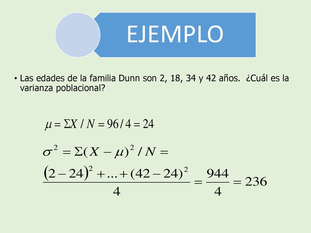 EJEMPLO Las edades de la familia Dunn son 2, 18, 34 y 42 años. ¿Cuál es la varianza poblacional