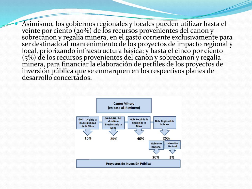 Asimismo, los gobiernos regionales y locales pueden utilizar hasta el veinte por ciento (20%) de los recursos provenientes del canon y sobrecanon y regalía minera, en el gasto corriente exclusivamente para ser destinado al mantenimiento de los proyectos de impacto regional y local, priorizando infraestructura básica; y hasta el cinco por ciento (5%) de los recursos provenientes del canon y sobrecanon y regalía minera, para financiar la elaboración de perfiles de los proyectos de inversión pública que se enmarquen en los respectivos planes de desarrollo concertados.