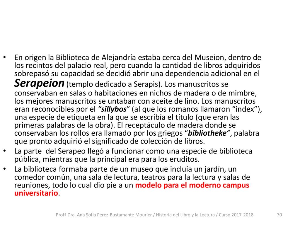 En origen la Biblioteca de Alejandría estaba cerca del Museion, dentro de los recintos del palacio real, pero cuando la cantidad de libros adquiridos sobrepasó su capacidad se decidió abrir una dependencia adicional en el Serapeion (templo dedicado a Serapis). Los manuscritos se conservaban en salas o habitaciones en nichos de madera o de mimbre, los mejores manuscritos se untaban con aceite de lino. Los manuscritos eran reconocibles por el sillybos (al que los romanos llamaron index ), una especie de etiqueta en la que se escribía el título (que eran las primeras palabras de la obra). El receptáculo de madera donde se conservaban los rollos era llamado por los griegos bibliotheke , palabra que pronto adquirió el significado de colección de libros.