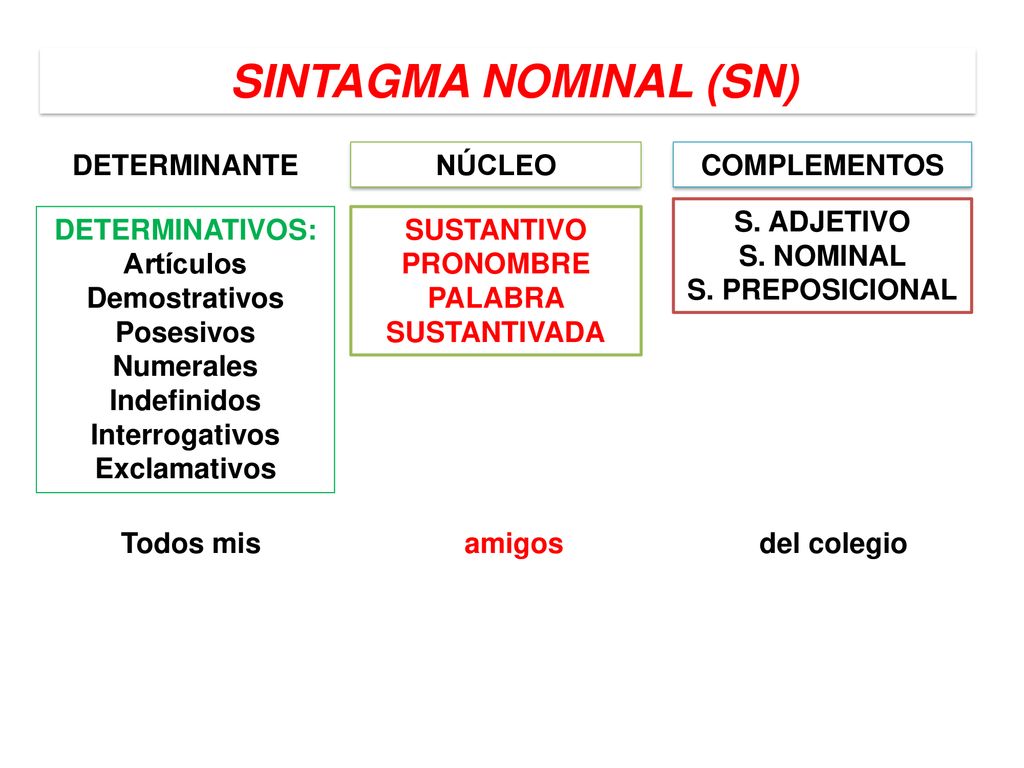 SINTAGMA NOMINAL (SN) DETERMINANTE NÚCLEO COMPLEMENTOS S. ADJETIVO
