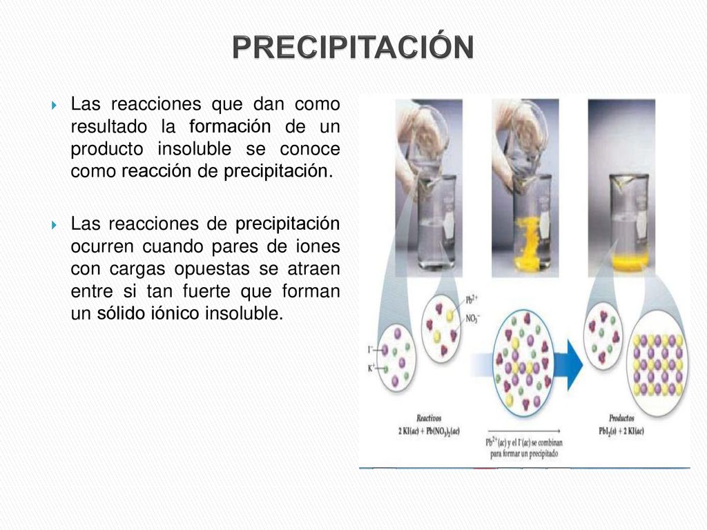 PRECIPITACIÓN Las reacciones que dan como resultado la formación de un producto insoluble se conoce como reacción de precipitación.