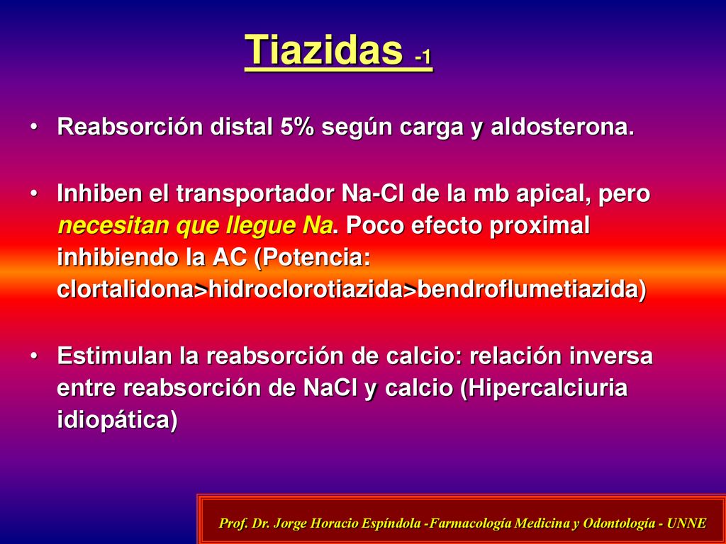 Tiazidas -1 Reabsorción distal 5% según carga y aldosterona.