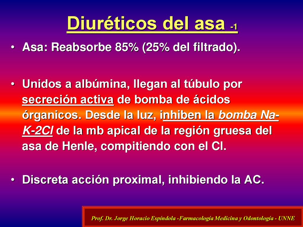 Diuréticos del asa -1 Asa: Reabsorbe 85% (25% del filtrado).
