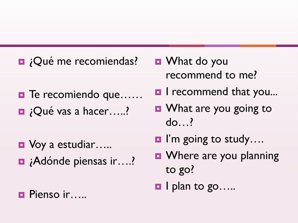 ¿Qué me recomiendas Te recomiendo que…… ¿Qué vas a hacer….. Voy a estudiar….. ¿Adónde piensas ir….