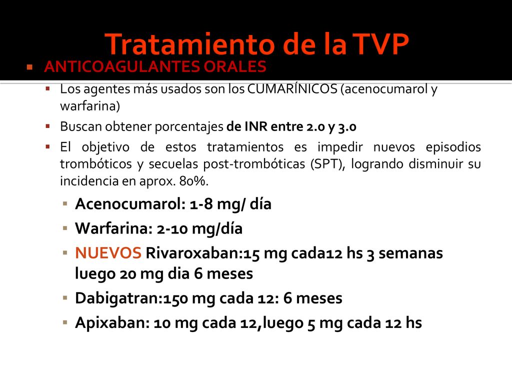 Tratamiento de la TVP ANTICOAGULANTES ORALES Acenocumarol: 1-8 mg/ día