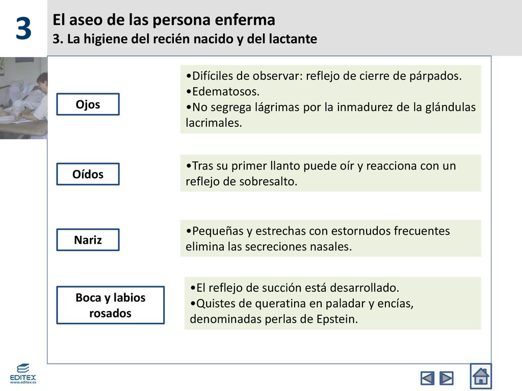 3 El aseo de las persona enferma 3. La higiene del recién nacido y del lactante. Difíciles de observar: reflejo de cierre de párpados.