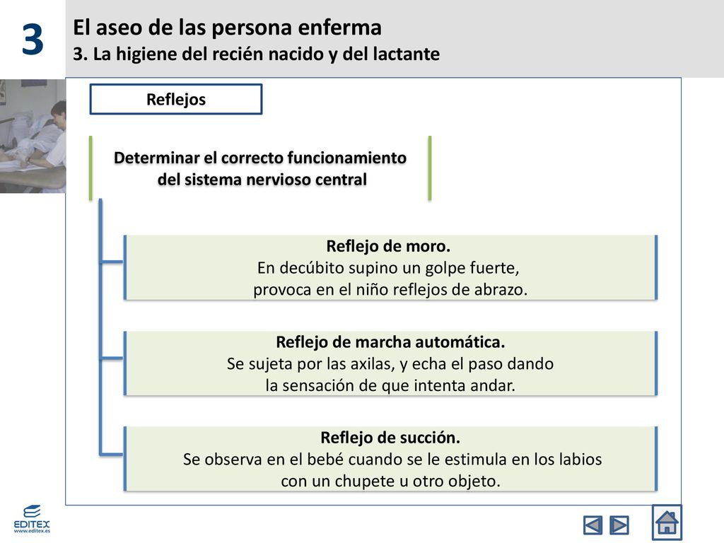 3 El aseo de las persona enferma 3. La higiene del recién nacido y del lactante. Reflejos. Determinar el correcto funcionamiento.