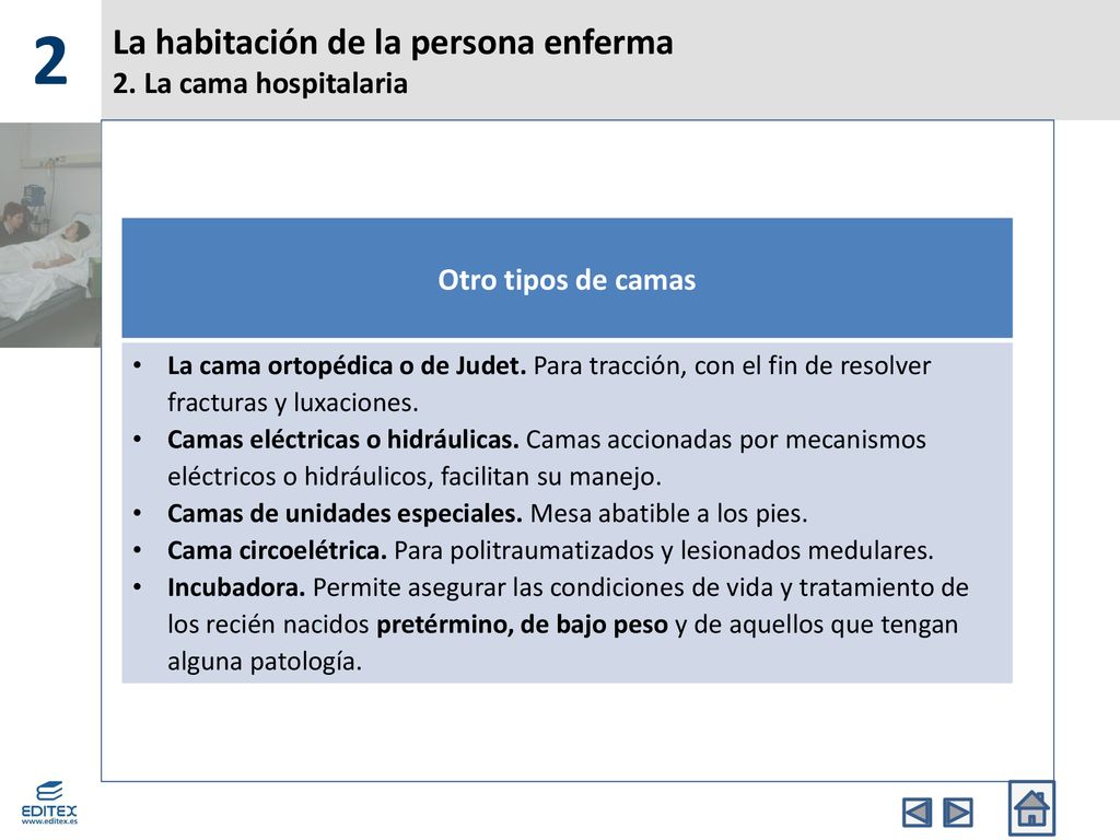La habitación de la persona enferma 2. La cama hospitalaria