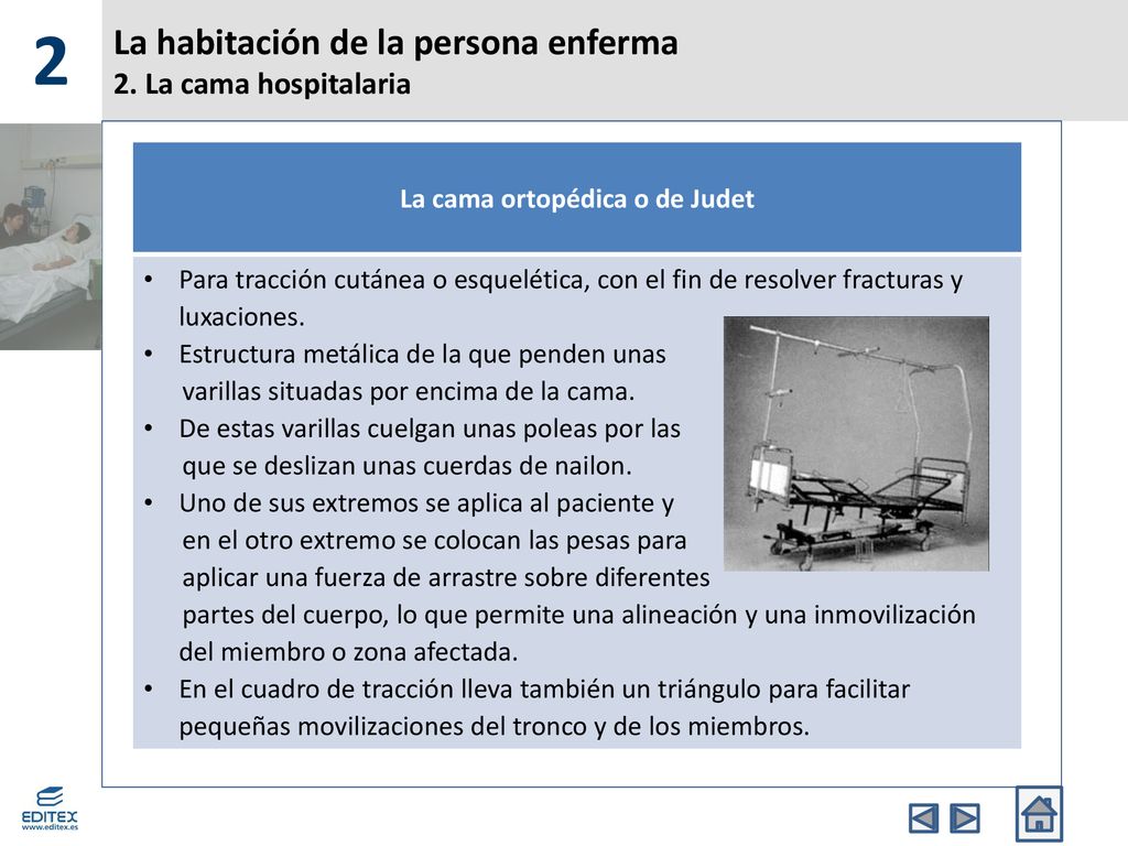 La habitación de la persona enferma 2. La cama hospitalaria