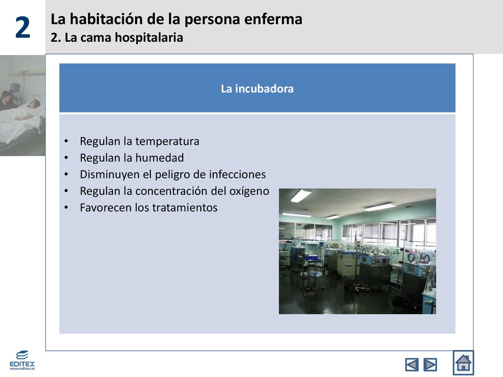 La habitación de la persona enferma 2. La cama hospitalaria